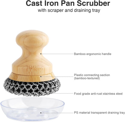 Cast Iron Scrubber and Scraper,Chain Mail Cleaner with Bamboo Handle & Draining Tray,316 Stainless Steel Brush for Cleaning Pots,Pans,Wok,Bakeware,Griddles, Grills,Dishes (Small Chain Mail)