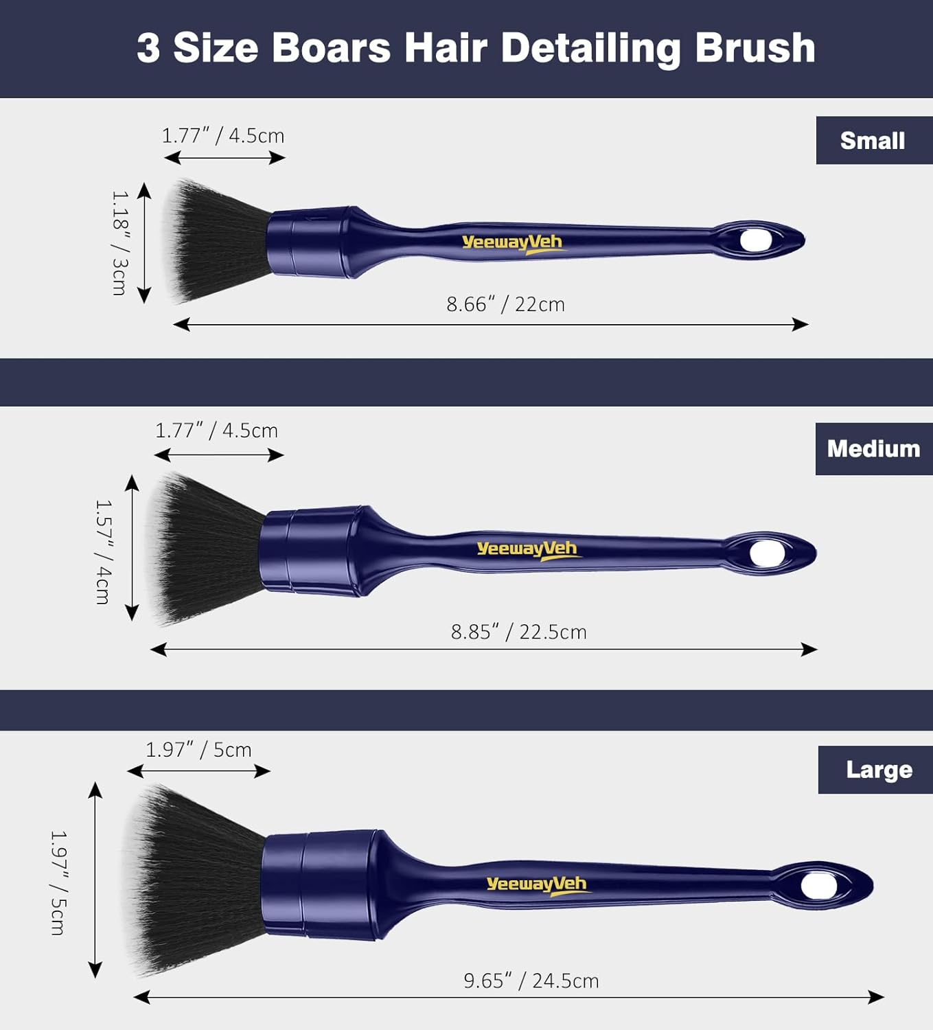 YeewayVeh Car Detailing Brush Set, 3 Pack Ultra Soft Boars Hair Detailing Brushes for Leather Seat Air Vents Engine Bay, Auto Detail Brushes Car Detailing for Interior Exterior, Indigo