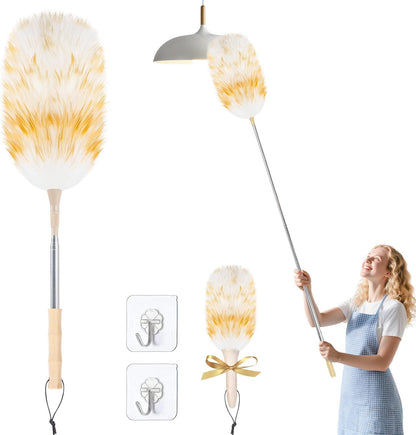 Ostrich Feather Dusters for Cleaning Kit - Reusable Soft Feather Duster Extendable to 49 inches for Cleaning Ceiling Fan, High Ceiling, Blinds & Retractable Small Duster for Keyboard, Car