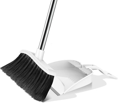 Broom and Step-on Dustpan Set, 59-in Adjustable Long Handle Broom with Dustpan Combo Set Outdoor Angle Broom for Sweeping Indoor Dust Pet Hair for Cleaning Kitchen Garage Deck Patio, Black&Red