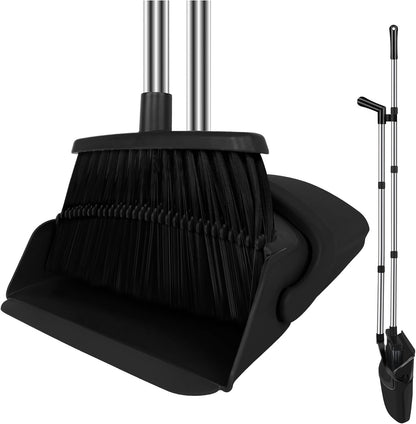 Broom and Dustpan Set, Upright Purple Broom with Dustpan Combo Set 51" Long Handle, Self Cleaning Dust Pan for Home, Kitchen and Office