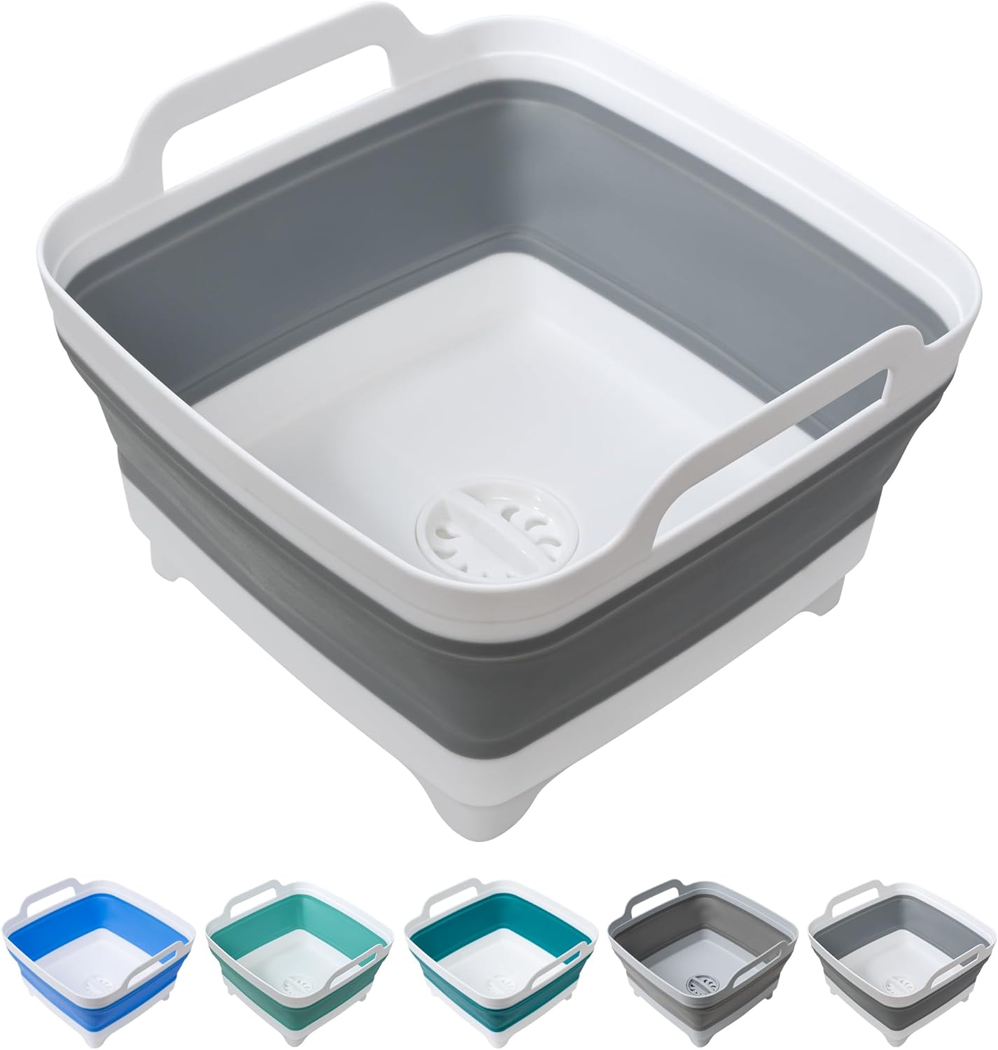 2 Pack Dishpan for Washing Dishes, 2.4Gal/9L Wash Basin with Draining Plug Carry Handles, Collapsible Bucket for Cleaning, Portable Sink, Foldable Plastic Tub
