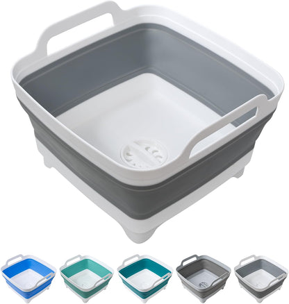 2 Pack Dishpan for Washing Dishes, 2.4Gal/9L Wash Basin with Draining Plug Carry Handles, Collapsible Bucket for Cleaning, Portable Sink, Foldable Plastic Tub
