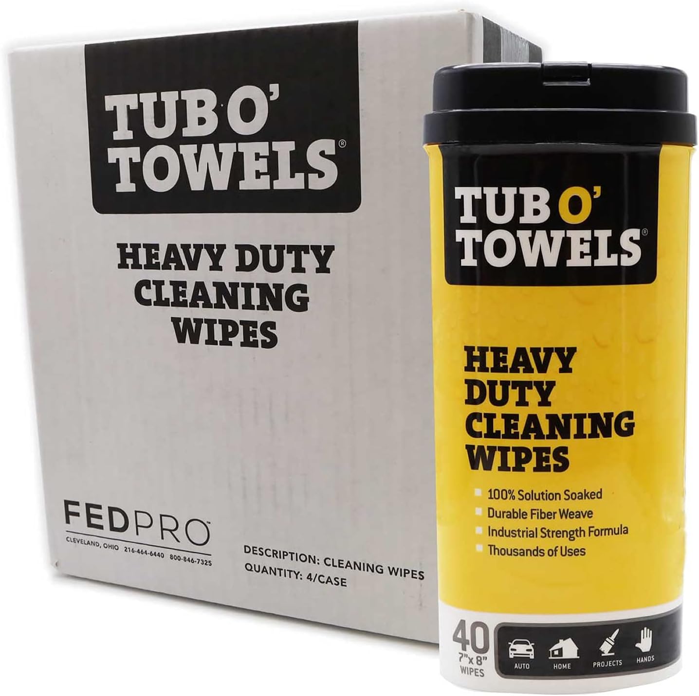 Tub O' Towels Heavy-Duty Multi-Surface Cleaning Wipes, 10" x 12", 90 Count Canister, Removes Grease, Grime, Tough Stains, Durable Disposable Wipes for Home, Garage, Outdoor Cleaning Tasks, 2-Pack