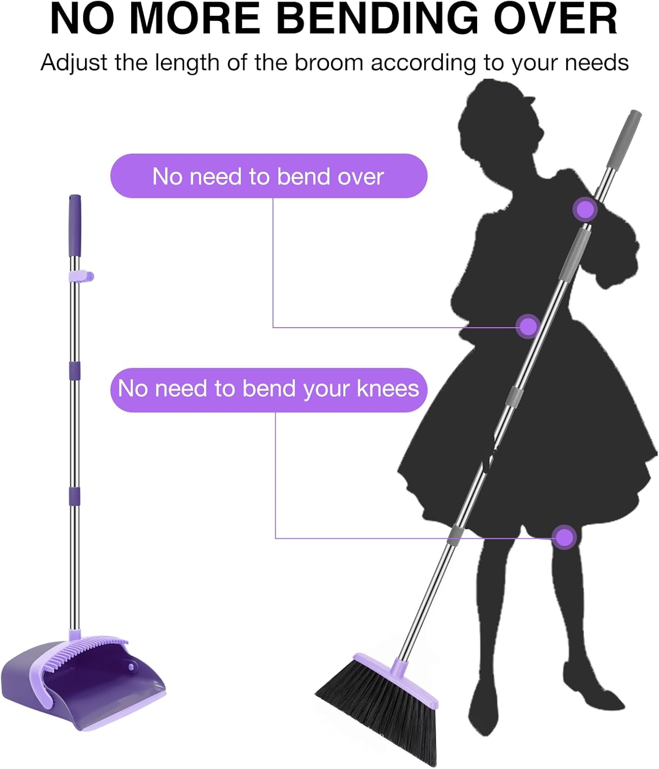 NACENA Broom and Dustpan Set, 52-in Long Adjustable Handle Broom Dustpan Combo with Dustpan Teeth to Automatically Clean Hair Suitable for Home Kitchen Office Hall Floor (Purple)