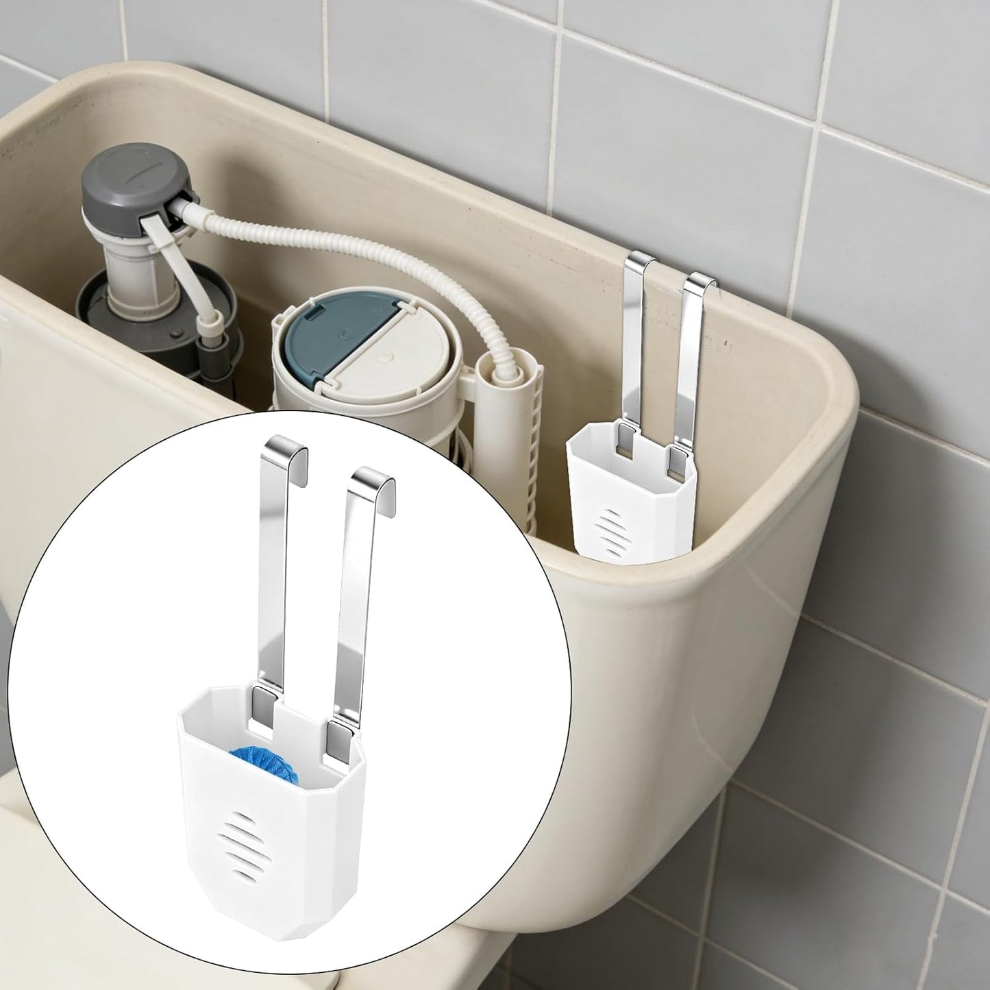 Penitue 2pcs Toilet Tank Cleaning Tablet Holder, Plastic Hanging Cleaner Caddy Bracket with Stainless Steel Hook Fits Most Standard Toilet Tanks
