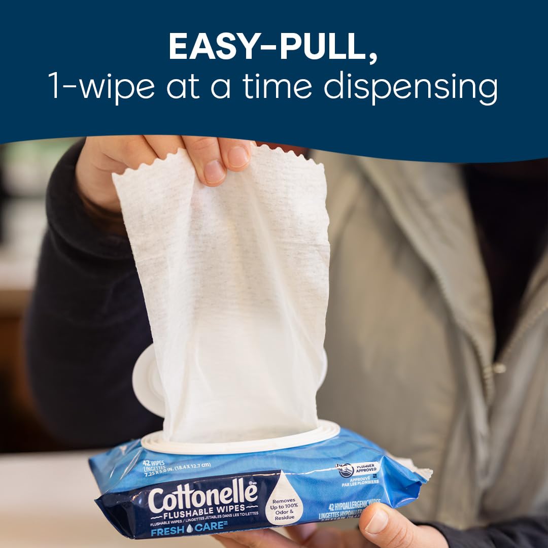 Cottonelle Fragrance Free Flushable Wet Wipes, Adult Wet Wipes, 2 Flip-Top Packs, 42 Wipes Per Pack