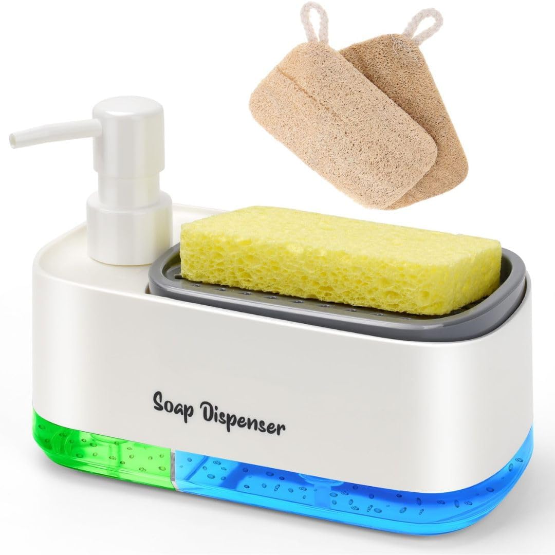 Kitchen Dish Soap Dispenser with Sponge Holder, 2-in-1 Countertop Soap Pump Dispenser, Soap Dispenser for Kitchen Sink with 2-Packs Wire Dishwashing Rag,Black