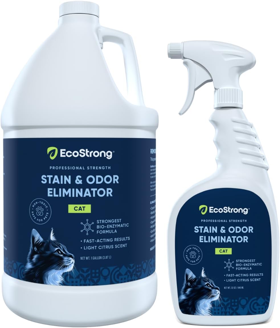 Eco Strong Cat Stain And Odor Remover | Enzyme Urine Odor Neutralizer - Stain Remover for Carpet, Litter Boxes, Bedding, and Laundry [Citrus Scent, 32 oz. Spray]