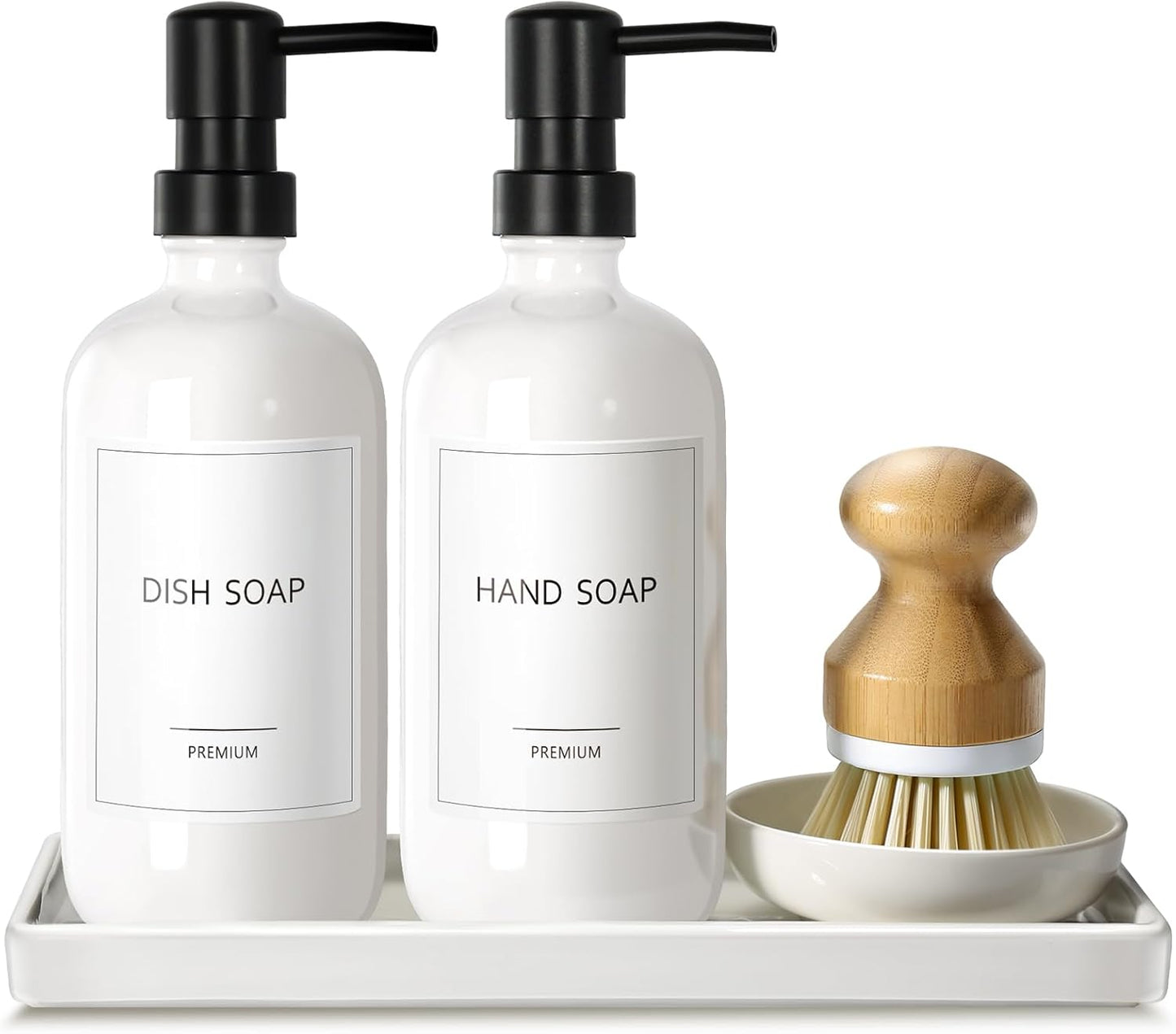 GMISUN Kitchen Soap Dispenser Set, 16 Oz Hand and Dish Soap Dispenser with Ceramic Tray & Bamboo Dish Brush, 2 Pack White Glass Liquid Pump Bottle, Modern Farmhouse Refillable Dish Soap Bottle