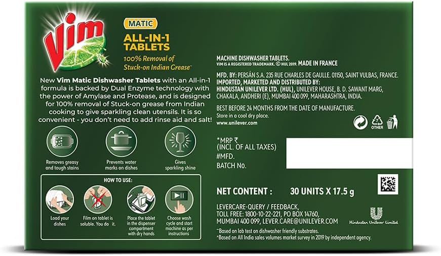 Vim Matic Dishwasher All-In-One Tablets (Pack of 30) I Removes Tough Indian Grease I Designed By India's No.1 Dishwashing Brand.