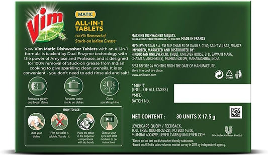 Vim Matic Dishwasher All-In-One Tablets (Pack of 30) I Removes Tough Indian Grease I Designed By India's No.1 Dishwashing Brand.
