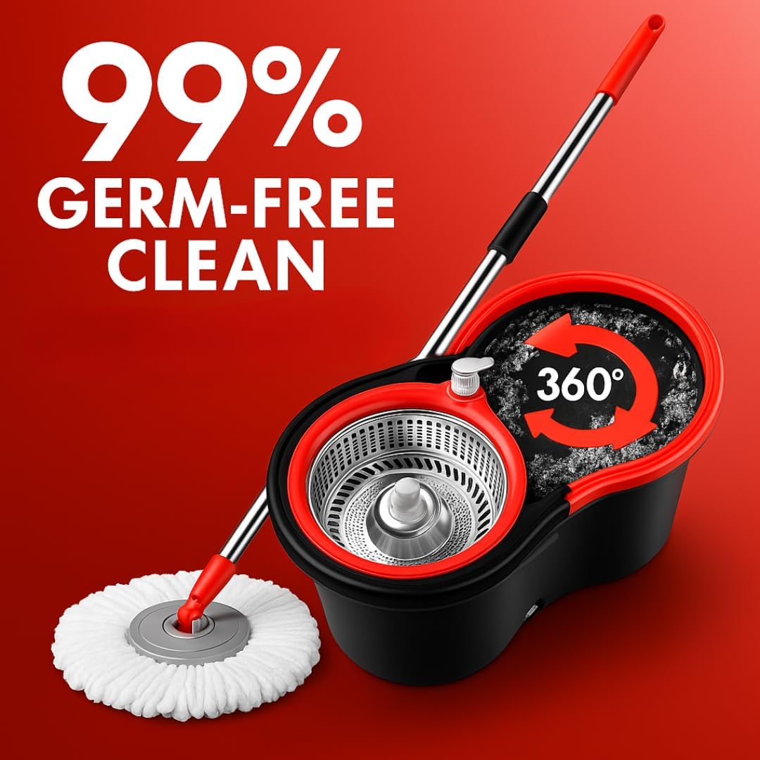 Spin Mop and Bucket with Wringer Set, 360° Rotating Mop System for Hardwood, Tile, Laminate Floors, Adjustable Stainless Steel Handle with 3 Machine Washable Mop Heads (Black)