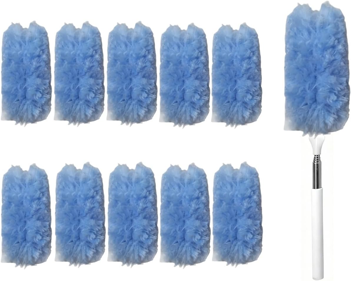 Heavy Duty Duster Refills, Disposable Dusters Kit for Cleaning Dusting Furniture Blind Ceiling Fan, Multi Surface 360 Feather Duster(10)+3FT Extended Handle（1） (Navy Blue)