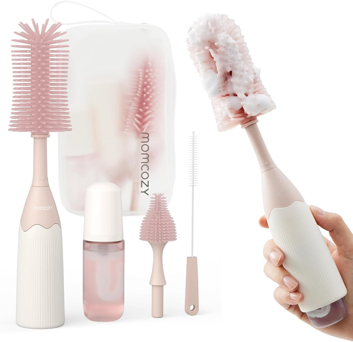 Momcozy Bottle Brush Set - Baby Bottle Cleaner Kit with Silicone Brush, Nipple Brush, Straw Brush, Soap Dispenser, Drying Rack - 7 in 1 Bottle Cleaning Tool for Home and Travel, Green
