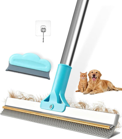 Carpet Rake for Pet Hair Removal, Upgraded Reusable Carpet Scraper Broom with 54” Adjustable Long Handle, Dual-Sided Metal & Silicone Brush, Cat & Dog Hair Remover Tool for Rugs, Mats, Stairs