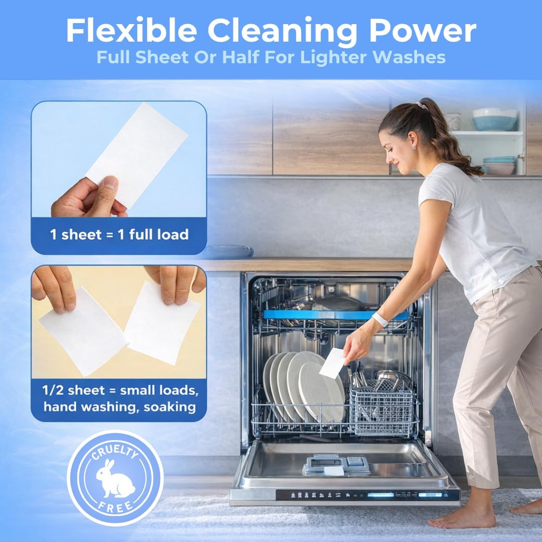 Dishwasher Detergent Sheets – Dishwasher Detergent Pods & Tabs Alternative – Clean + Fresh – 32 Loads – Ultra Concentrated, Quick Dissolve, Plastic-Free, Powerful Grease & Stain Removal, Unscented