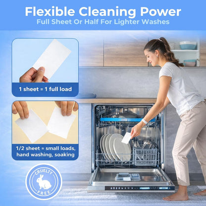 Dishwasher Detergent Sheets – Dishwasher Detergent Pods & Tabs Alternative – Clean + Fresh – 32 Loads – Ultra Concentrated, Quick Dissolve, Plastic-Free, Powerful Grease & Stain Removal, Unscented