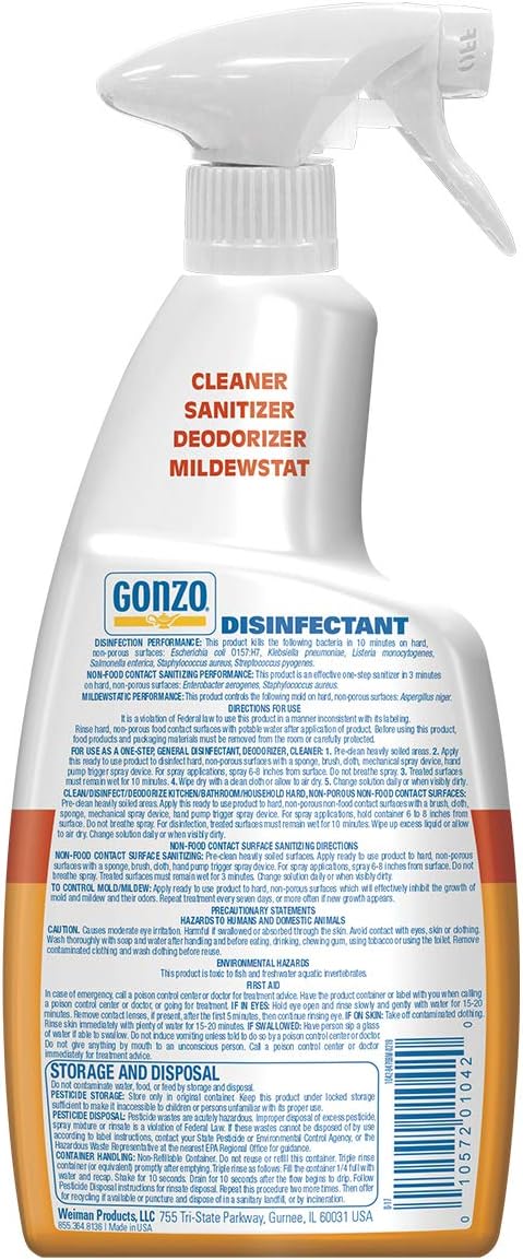 Gonzo Disinfectant Spray & Multipurpose Cleaner - 24 Ounce (2 Pack) Citrus - Odor Eliminator, Disinfectant, Flood Fire Water Damage Restoration
