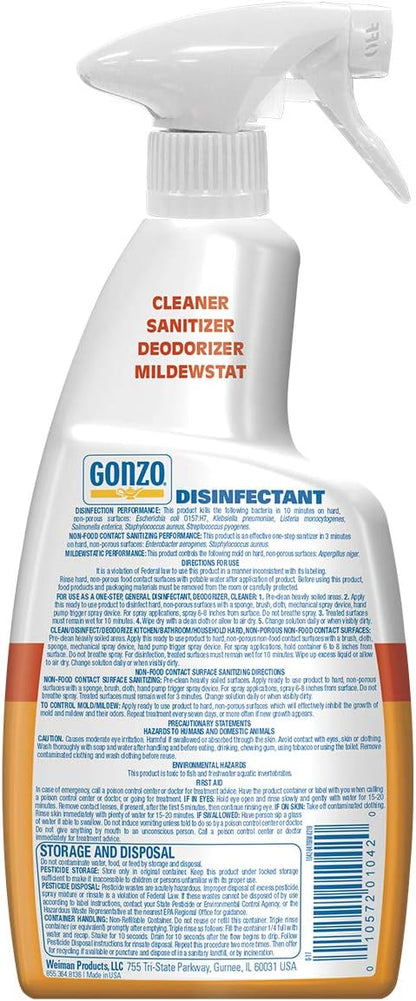 Gonzo Disinfectant Spray & Multipurpose Cleaner - 24 Ounce (2 Pack) Citrus - Odor Eliminator, Disinfectant, Flood Fire Water Damage Restoration