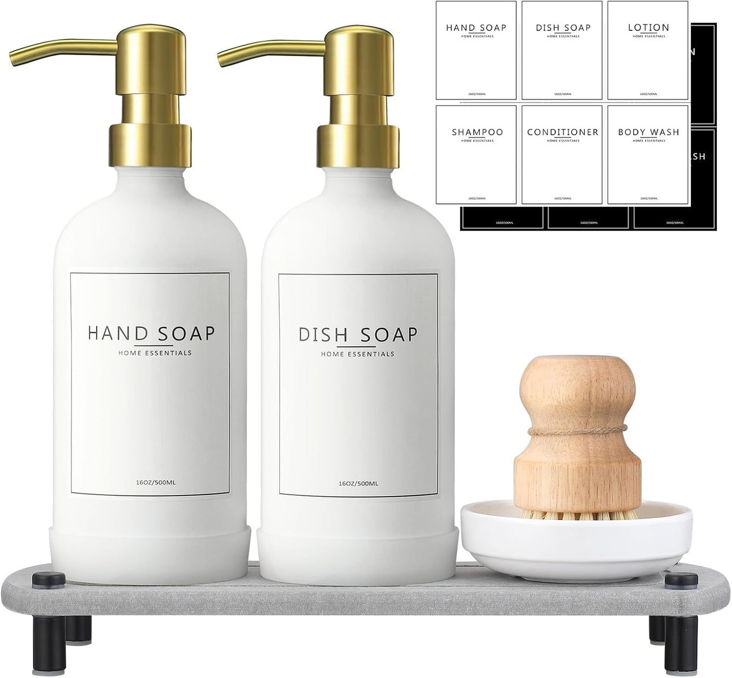 Kitchen Soap Dispenser Set with Instant Dry Tray,16 Oz Hand and Dish Soap Black Glass Dispenser Set,Stainless Steel Pump,Waterproof Labels&Dish Brush,Luxury Soap Bottle for Kitchen,Bathroom