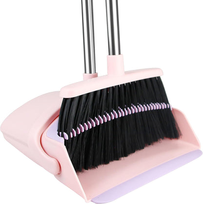 BSKLIN Pink Broom and Dustpan Set, 52-in Handle Broom Dustpan Combo Set Household Hand Broom with Dustpan Teeth to Clean Hair for Home Kitchen Office Lobby Sweeping Indoor（Pink）