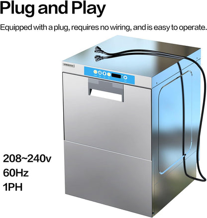 Commercial Dishwasher Undercounter High Temperature, Built-in Booster, Built-in Detergent & Rinse Aid Pumps, Stainless Steel, 20-40 Racks/Hr, 208~240V, 1 Phrase for Restaurant Bar Cafe