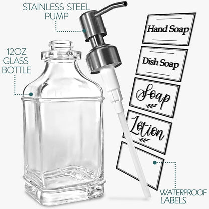 JASAI 2Pack Glass Soap Dispenser with Black Rust Proof Pump, Refillable Dish Soap Dispenser with for Kitchen and Bathroom.