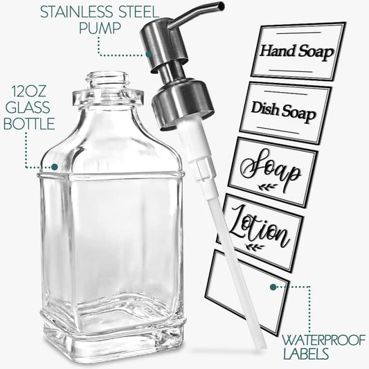 JASAI 2Pack Glass Soap Dispenser with Black Rust Proof Pump, Refillable Dish Soap Dispenser with for Kitchen and Bathroom.