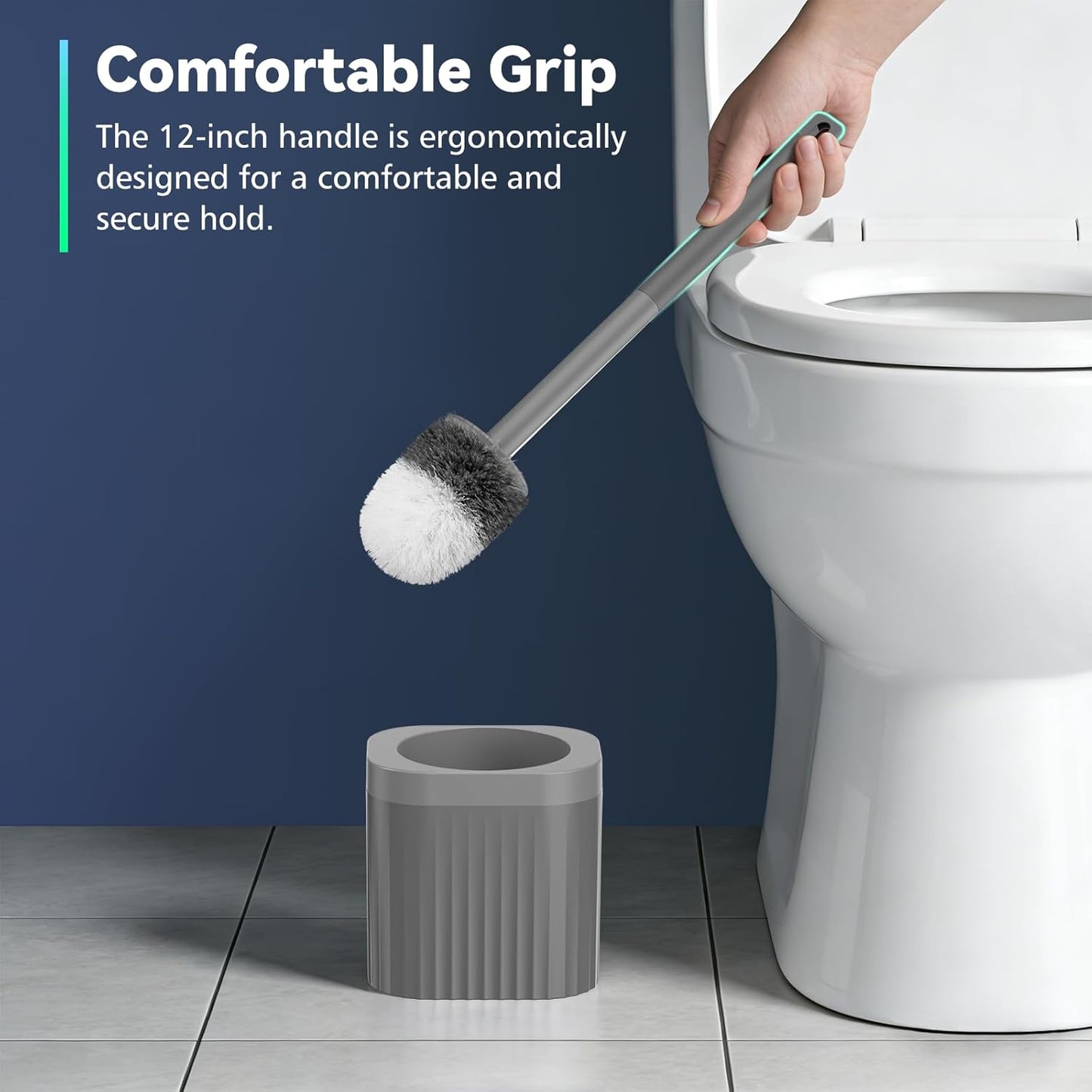 Toilet Brush, 3 Pack Compact Toilet Bowl Brush and Holder Set with Nylon Bristles Toilet Cleaner Brush Hidden Toilet Scrubber Brush for Bathroom Cleaning, Grey & White