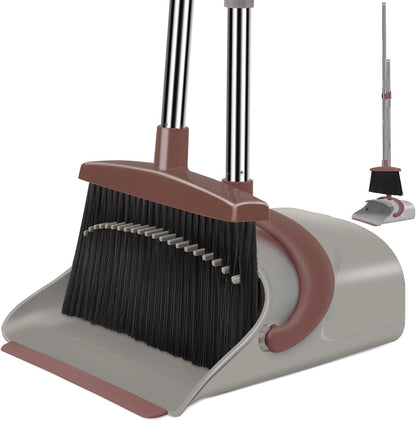 Ivandar Broom and Dustpan Set for Home, Broom and Dustpan Combo for Office, Long Handle Broom with Upright Standing Dust pan,Indoor&Outdoor Sweeping (Gray&Orange)
