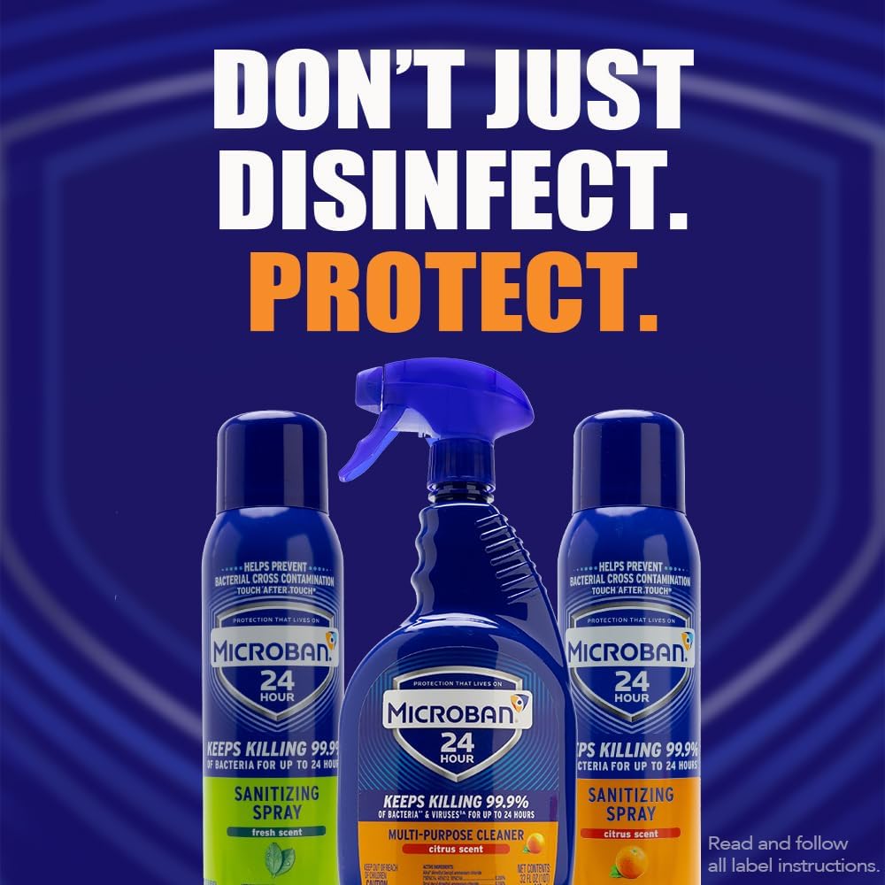 MICROBAN Sanitizing Spray, 15 oz., 2 Pack, Fresh Scent, Disinfects, Sanitizes, Eliminates Odors, and Keeps Killing 99.9% of Bacteria on Hard, Non-Porous Surfaces in Home for up to 24 Hours