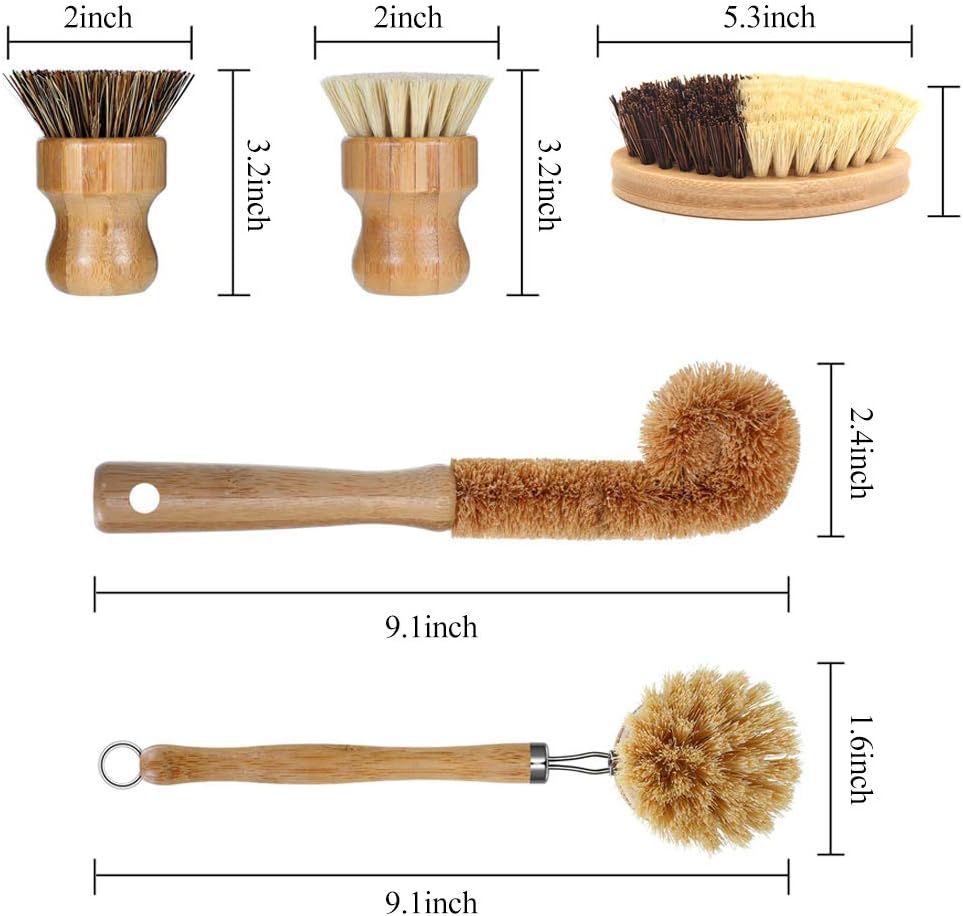 5 Pack Natural Bamboo Cleaning Brush Set, Pot Dish Scrub Brush with Handle and Flannel Bag Kitchen Brushes for Cast Iron Pots, Pans, Vegetable and Kitchen Cleaning