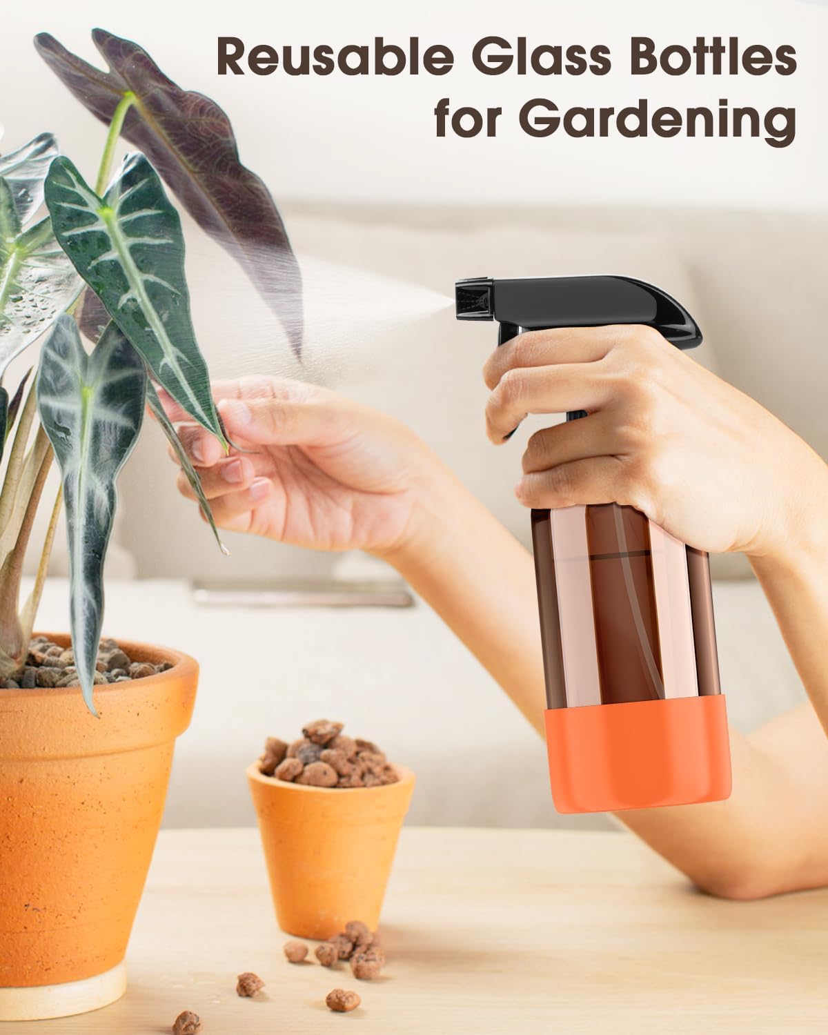 Bontip Glass Spray Bottle with Silicone Sleeve Protection, Amber Glass Spray Bottle Set for Window Cleaner Aromatherapy Facial Hydration Watering Flowers Hair Care 2 Pack/16 oz (Black & Brown)