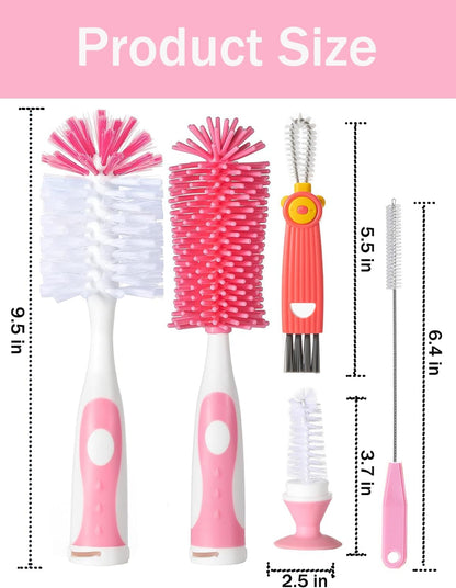 Baby Bottle Brush Set 4 in 1, Baby Bottle Cleaner, with 1P Nylon Bottle Brush, 1P Bottle Cap Brushes, 2P Straw Brushes, Bottle Brush with Nipple Cleaner and Suction Cup, BPA-Free(Green)