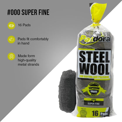 Pandora Steel Wool #2 – Coarse Grade, 16 Pads for Cleaning and Removing - Quality Metal Strands - Ideal to Remove Floor Scuff Marks and Old Wax