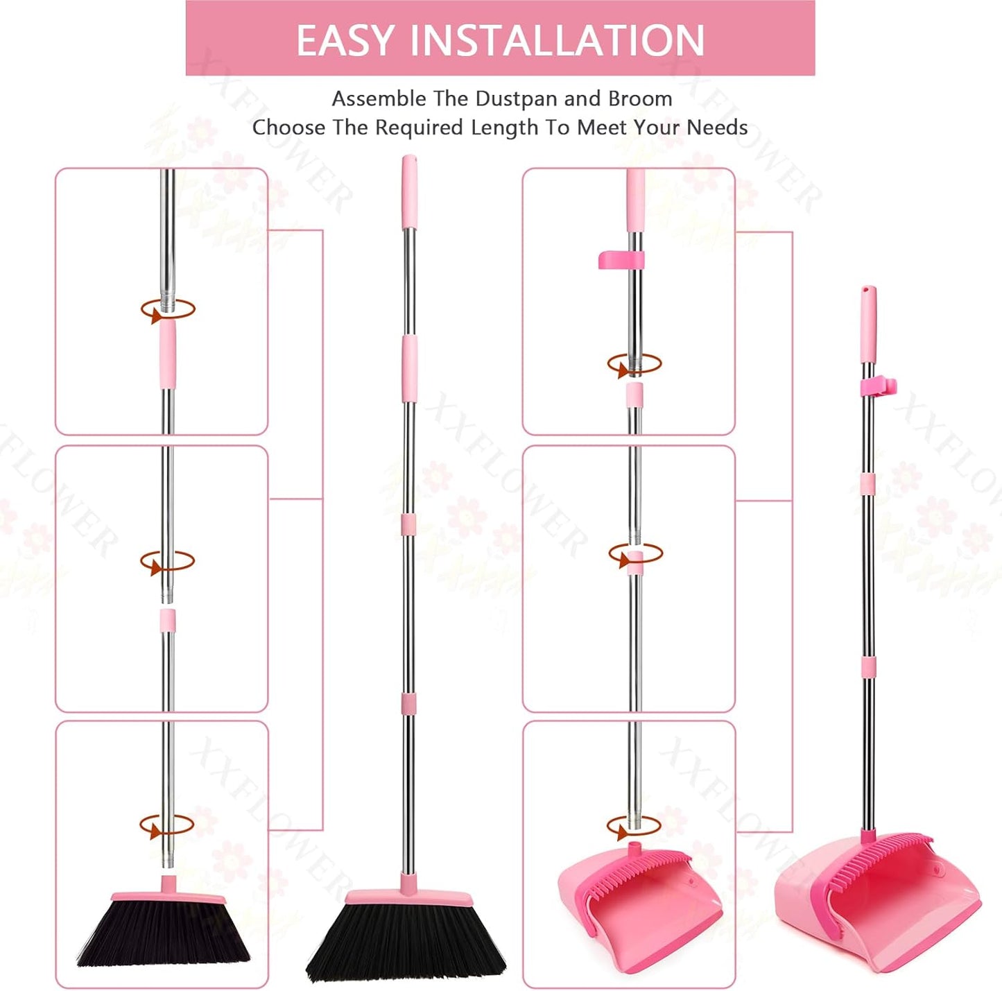 Broom and Dustpan Set, Dustpans with Broom Combo for Home, Heavy Dust Broom and Dustpan Combo, Long Handle Dust Pan and Broom Set for Kitchen, Office, Pet Hair,Beige, Pack of 1