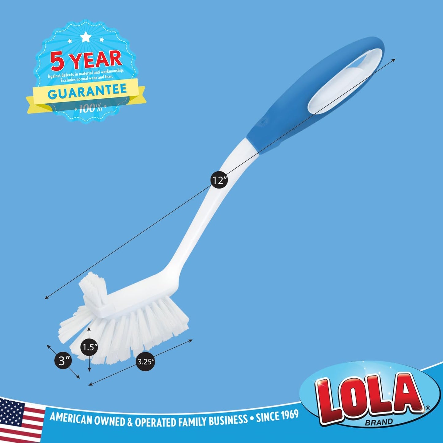 Dish Brush Scrubber for Kitchen, 2 Pack, by LOLA, Has Stiff Bristles & Food Scraper, Comfort No-Slip Grip Handle, Safe for Non-Stick & Coated Cookware