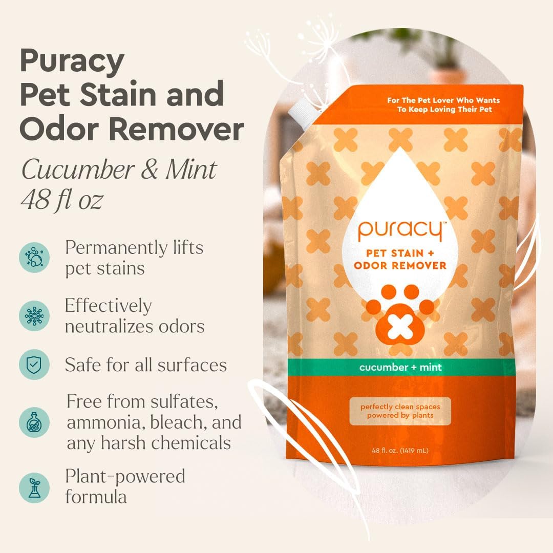 Puracy Pet Stain and Odor Remover - Enzyme Cleaner for Dog & Cat Urine and Poop on Carpet, Professional Pet Carpet Stain Remover, Cucumber & Mint, 25oz
