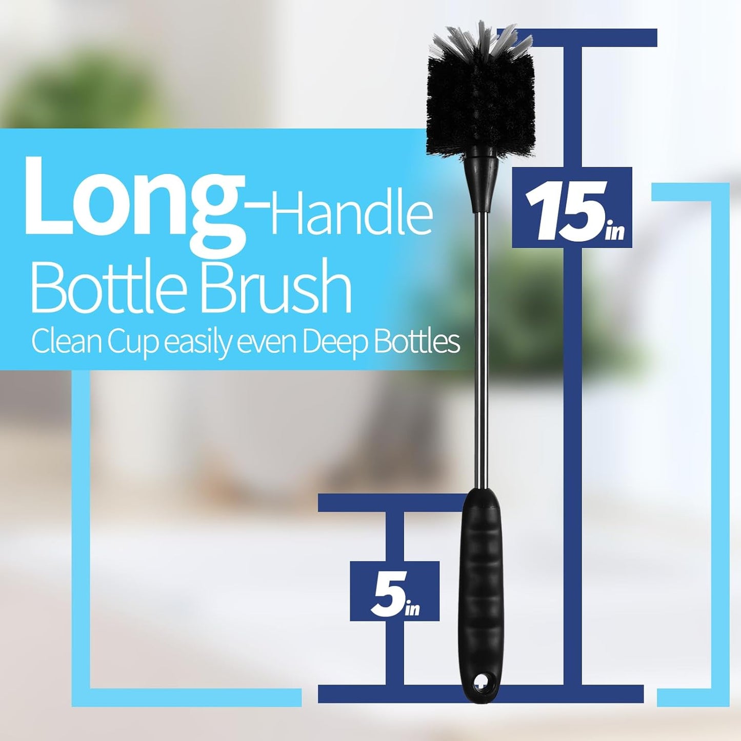 Bottle Brush Set 4 Pack - 15 Inch Long Handle Bottle Brush Cleaner with Stainless Steel Shaft, Straw Cleaner Brush and Lid Brush for Bottles, Thermos, Glasswares, Mugs, Cups, Tumblers