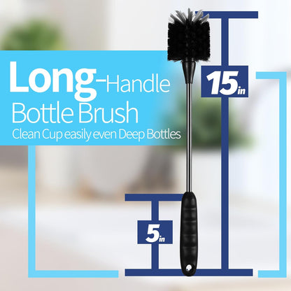 Bottle Brush Set 4 Pack - 15 Inch Long Handle Bottle Brush Cleaner with Stainless Steel Shaft, Straw Cleaner Brush and Lid Brush for Bottles, Thermos, Glasswares, Mugs, Cups, Tumblers