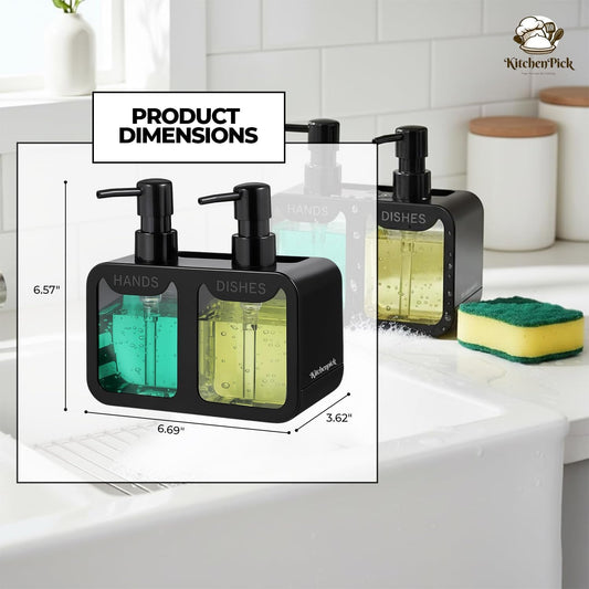2-in-1 Kitchen Sink Liquid Dish Soap Dispenser Set for Hands and Dishes, Matte Black Dual Refillable Pump Bottle, with Sponge Caddy & Brush Holder, Countertop Organizer Gadget