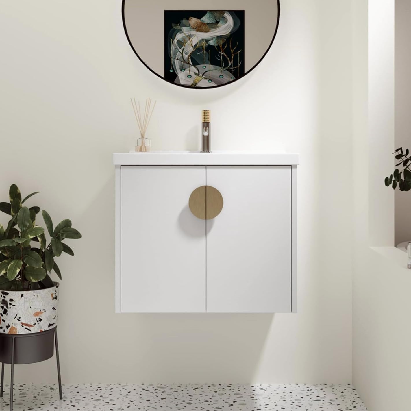SSLine Modern 24-Inch Bathroom Vanity with Sink Wall Mounted Bathroom Vanity with Top Basin & Storage Cabinet White Wood Floating Vanity w/Ceramic Sink & Gold/Black Handles for Small Space