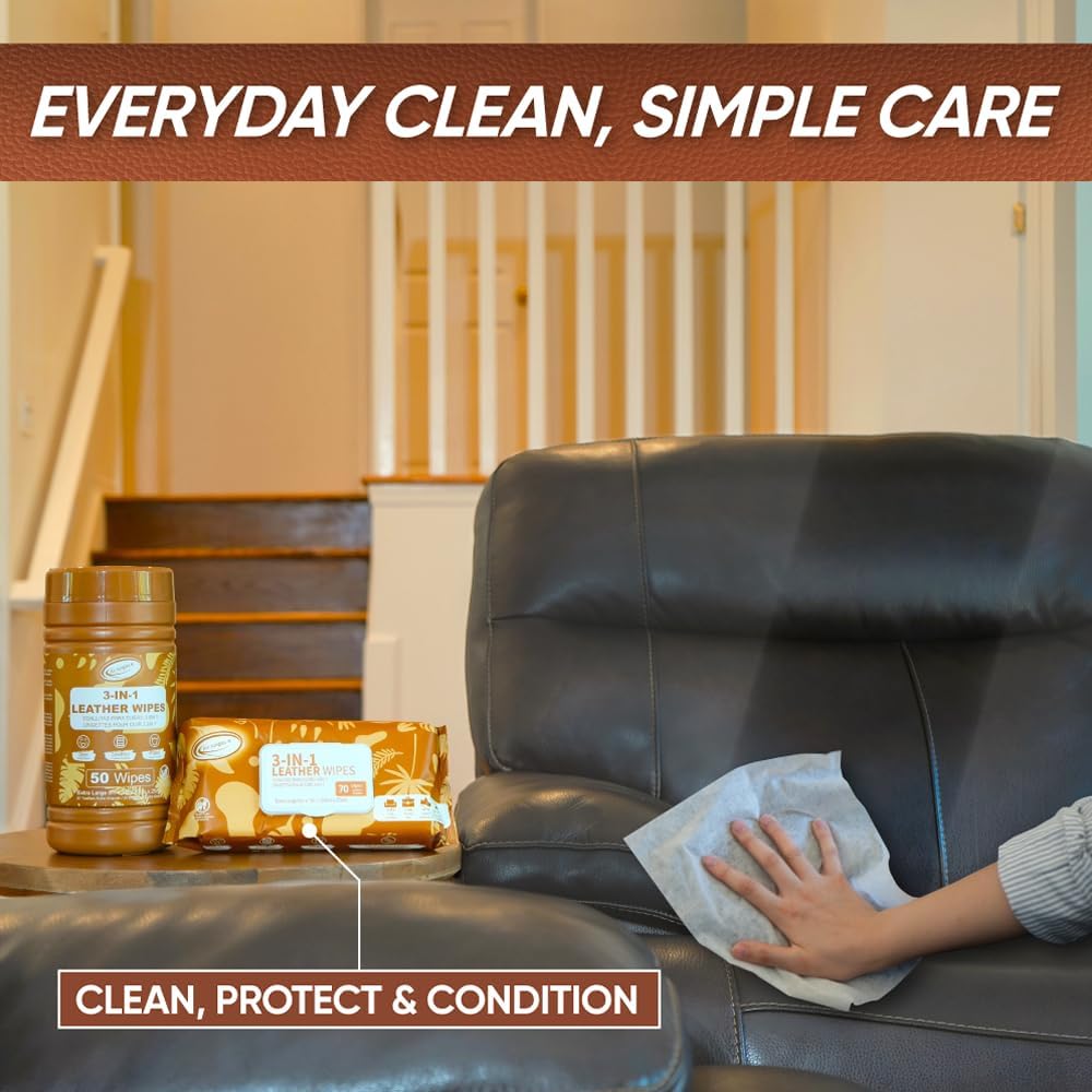 Air Jungles 3in1 Leather Wipes 50 Count, Extra Large 8" x 10" Size, Clean Condition Protect Wipes for Leather Car Seat, Furniture Couch, Shoes Boots Bags Purse Apparel