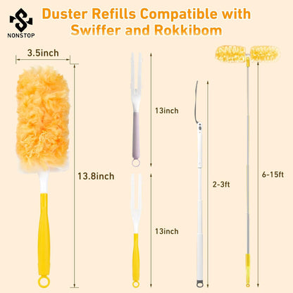6 ft Long Handle Extendable Duster with 50 Refills for Swiffer Duster, Heavy Duty 360° Microfiber Dusting Kit for High Ceilings, Ceiling Fans, Tall Windows, and Hard-to-Reach Areas