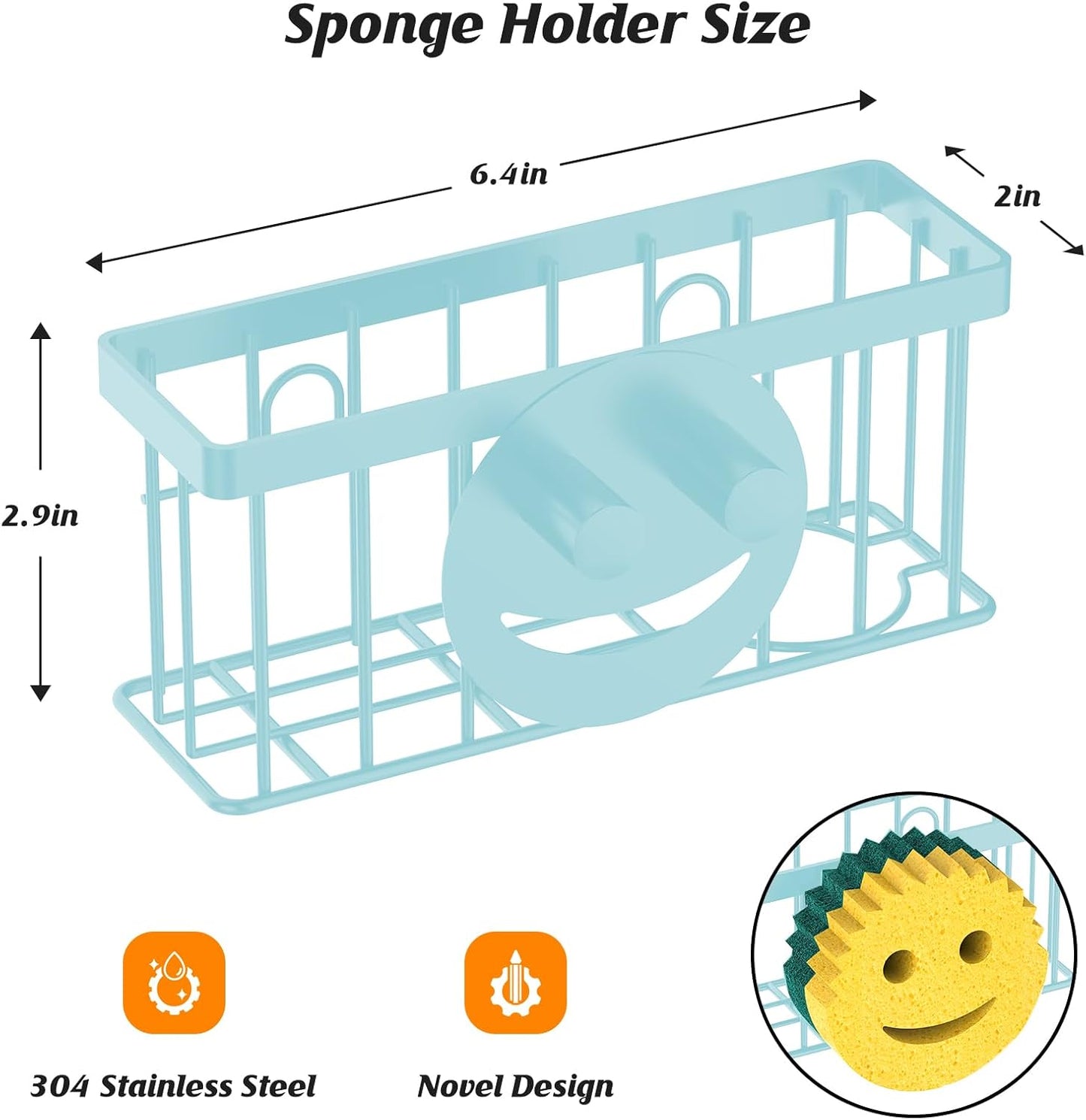 MURLONG Sponge Holder Smiley Face, Sink Caddy for kitchen Sink, Kitchen Organizer Sponge Holder with 2 PCS Suction Cups/1 PCS Adhesive Strips, Designed for Sponge, Soap, Dish brush, Scrubber-Black
