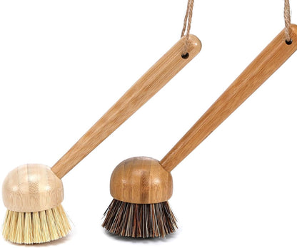 FOLI Bamboo Handle Dish Scrub Brushes - Wooden Cleaning Scrubbers with Stiff Bristles for Washing Kitchen Cast Iron Pan Pot (2PCS with Sisal & Palm Bristles, Long Handle)