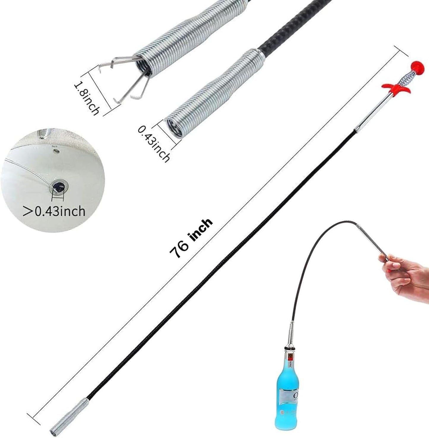 (76 inch) Drain Snake, Drain Clog Remover - Gutter Cleaning Tools Cleaner for Toilet Sewer Shower Kitchen Bathroom Tub Tool, Flexible Grabber Claw Pick Up Reacher