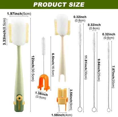 5 in 1 Bottle Cleaning Brush Set, Multifunctional Kitchen Lid Brush Cleaning Tool and Straw Cleaner, Long Handle Bottles Scrubber for Cup Lids, Hard Bristle Sponge Head Bottle Brushes