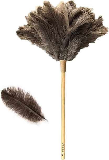 Ostrich Feather Duster for Cleaning-Furniture Dusters with Handle Ddzmz Hand Duster with Fluffy Natural Genuine Feather Reusable Household Duster, Gray and Brown(Length 16")